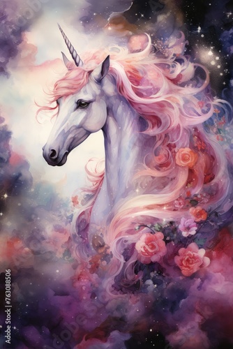 A painting depicting a celestial unicorn with vibrant pink hair galloping gracefully. The unicorn resembles a mythical creature surrounded by a magical constellation backdrop