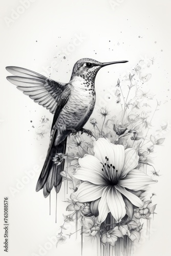 A black and white drawing of a hummingbird perched on a flower, depicted with intricate details and precision. The scene captures the delicate relationship between the bird and the bloom © Vit