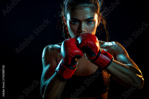 Powerful Kickboxing Woman in Activewear and Red Gloves Demonstrating Martial Arts Kick on Black Background. Fitness Workout and Sport Exercise Concept. photo
