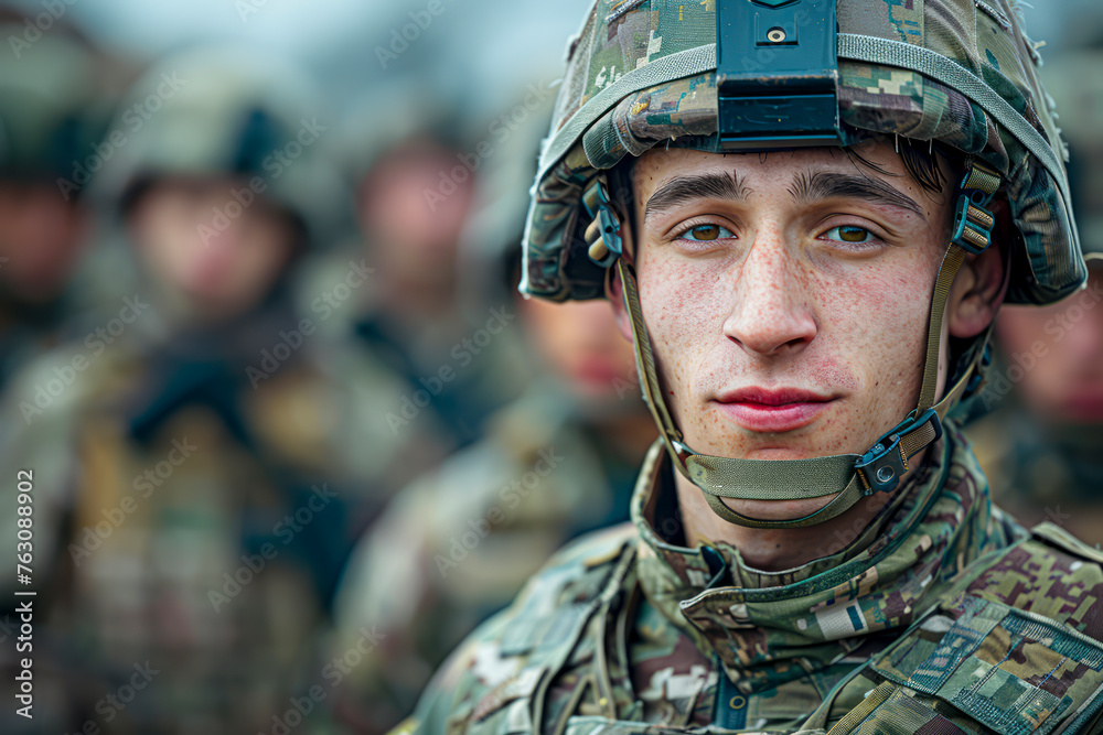 Brave Warrior: A striking portrait of a male soldier in uniform, surrounded by his comrades in arms Brave Warrior: A striking portrait of a male soldier in uniform, surrounded by his comrades in arms