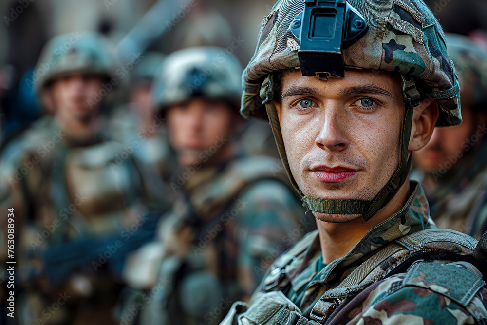 Brave Warrior: Capturing the Essence of a Male Soldier in Military Uniform Surrounded by Comrades Brave Warrior: Capturing the Essence of a Male Soldier in Military Uniform Surrounded by Comrades