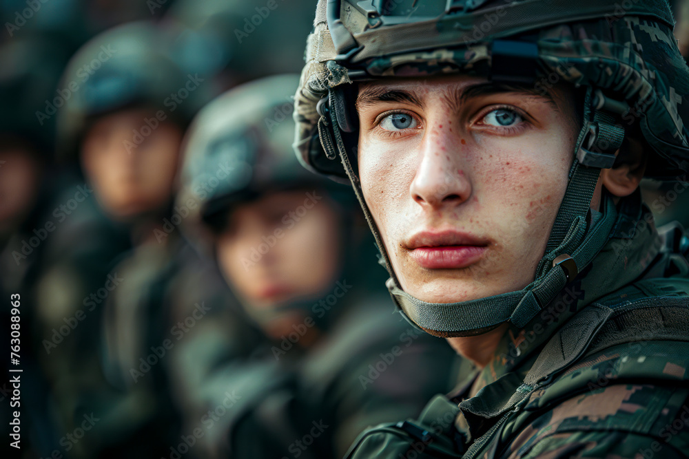 Brave Warrior: Portrait of a Male Soldier in Military Uniform Surrounded by Comrades Brave Warrior: Portrait of a Male Soldier in Military Uniform Surrounded by Comrades