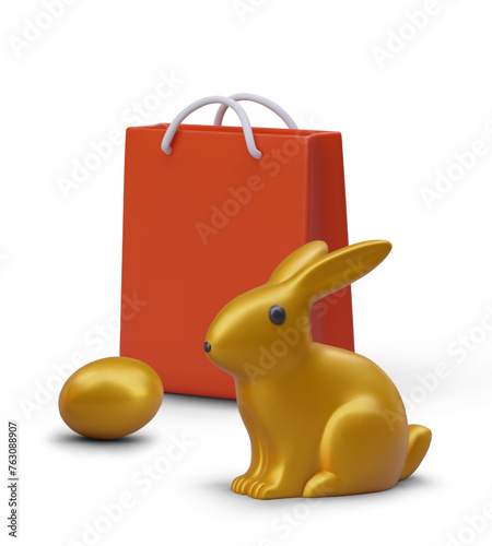 Red gift bag with place for text, golden rabbit, egg