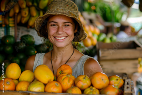 Cheerful young farmer showcasing fresh fruits at market