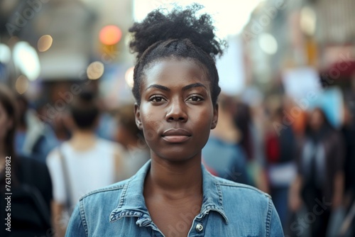 Portrait of a young black woman activist standing in front of a crowd of people in the city during protest. Confident looking at camera.