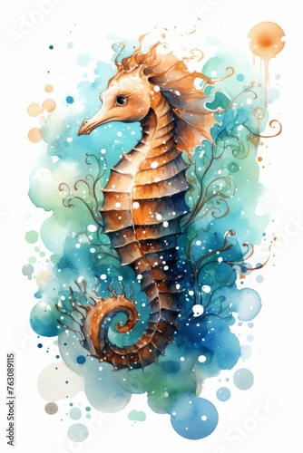 A watercolor painting depicting a starlit seahorse gracefully swimming through a galaxy. The delicate features of the seahorse are highlighted in varying shades of blue and purple