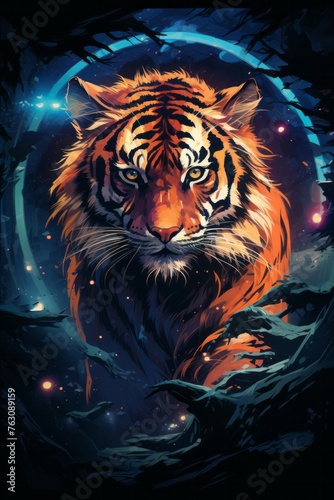 A tiger with starry eyes can be seen prowling through the night sky, surrounded by twinkling stars and constellations. The majestic beast stands out against the dark backdrop of the galaxy