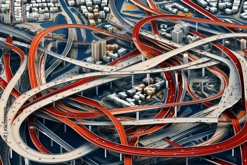 The aerial view showcases a complex highway intersection with multiple lanes, ramps, and vehicles moving in different directions. Traffic flows smoothly as cars navigate through the interchange