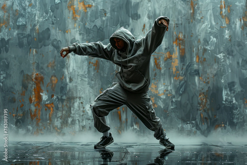 Urban vibes: Young male hip hop dancer busting moves against grey backdrop in stylish attire