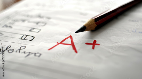 A pencil lies next to a test paper marked with an A+ grade. © Alena
