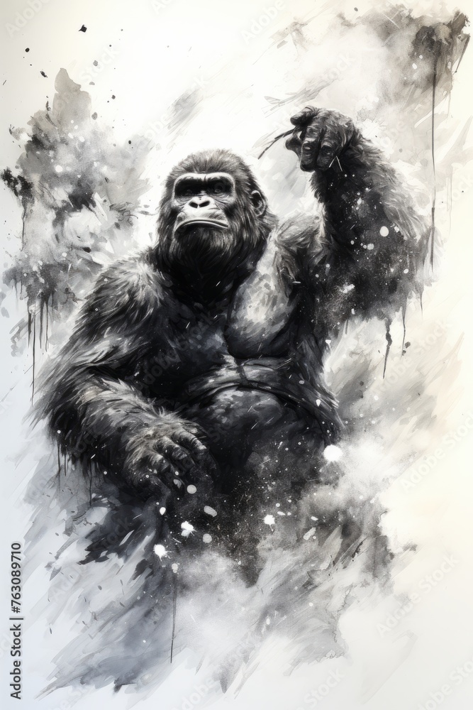 A painting depicting a gorilla holding a bird in its hands. The gorilla is shown in a realistic style, showcasing its strength and the gentle interaction with the small bird A painting depicting a gorilla holding a bird in its hands. The gorilla is shown in a realistic style, showcasing its strength and the gentle interaction with the small bird