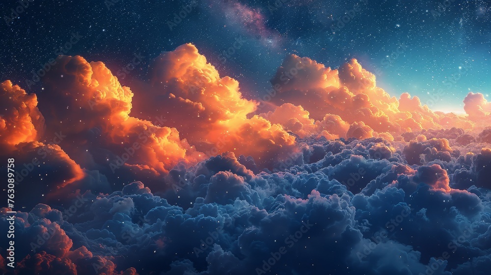 Otherworldly fantasy sky with fluffy, glowing clouds under stars
