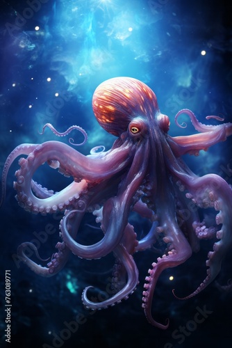 An artistic representation of an octopus gracefully swimming in the depths of the ocean, surrounded by swirling currents and marine life