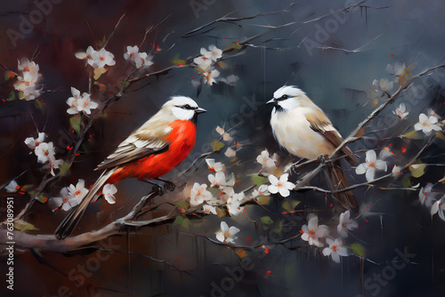Birds sit on the branches of blooming spring trees. Oil painting in impressionism style. © Osadchyi_I