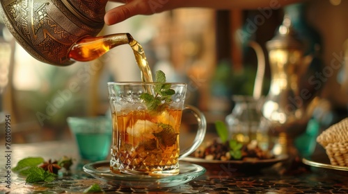 Moroccan teahouse with hands pouring mint tea into a traditional glass.