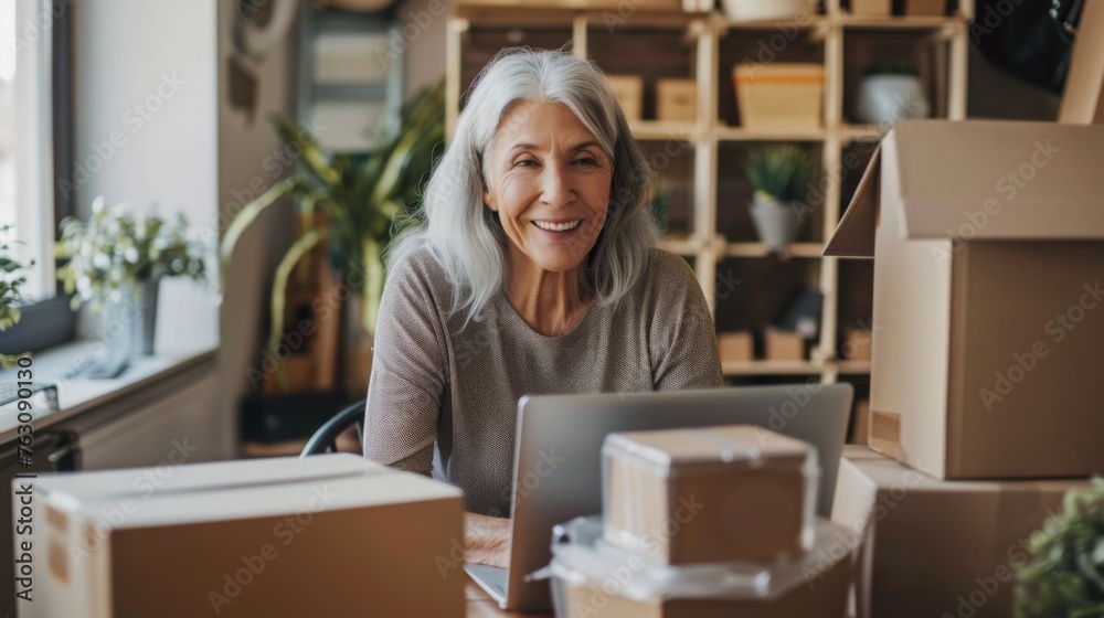 Small business owner is working on a laptop in the warehouse Small business owner is working on a laptop in the warehouse