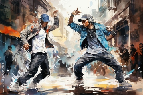 Two men engaged in a dynamic freestyle street dance battle, showcasing their skill and passion in the gritty urban setting