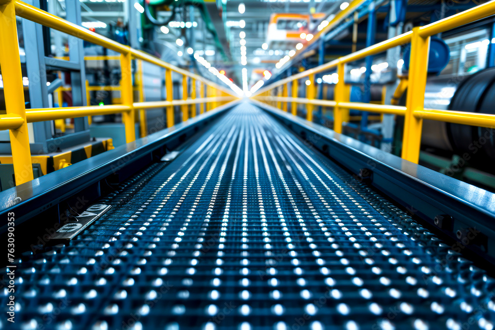 Automated assembly line at car manufacturing plant featuring conveyor system for efficient production. Automated assembly line at car manufacturing plant featuring conveyor system for efficient production.