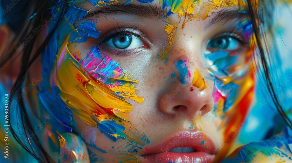 Young woman painting with vivid colors, crafting abstract backdrop