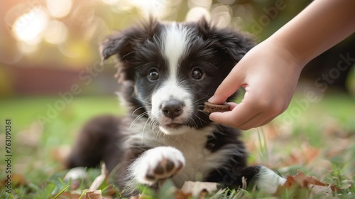 Playful puppy in the backyard is fed treats by hand.
