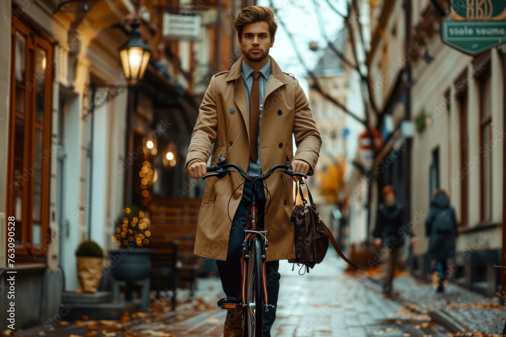 Stylish businessman confidently strolling through town with his bicycle, showcasing urban sophistication and active lifestyle.