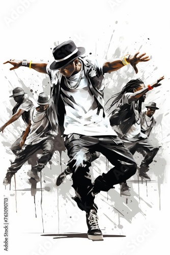 A painting depicting a man in a fedora hat dancing. The man is shown in motion, showcasing traditional hip hop dance moves with a modern twist