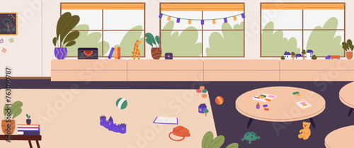 Kindergarten panoramic view. Nursery playroom, preschool classroom with toys on floor scene. Play group, children room interior with nobody. Empty daycare class background. Flat vector illustration