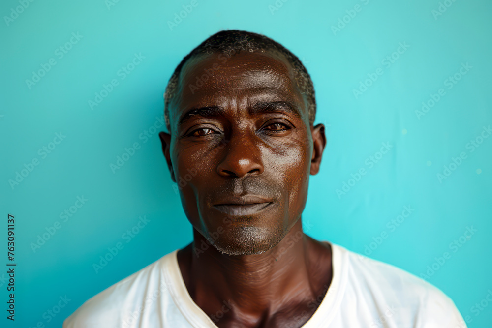 Serious and Athletic African Middle-Aged Man Portrait on Bright Blue Background