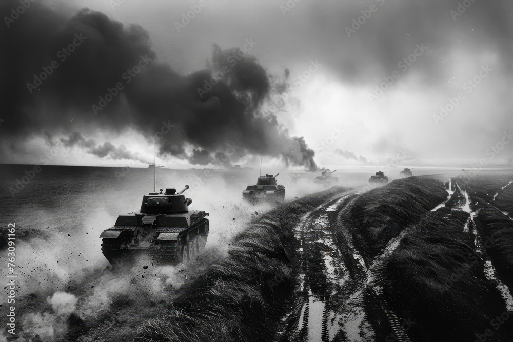 Fototapeta premium Marching Towards Victory: A WWII-inspired Black and White War Photography Masterpiece Capturing Advancing Tanks and Artillery Pieces on the Battlefield