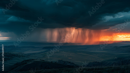 A thunderstorm  with dark skies as the background  during a summer squall