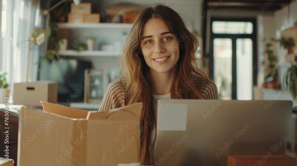 Small business owner is working on a laptop in the warehouse Small business owner is working on a laptop in the warehouse