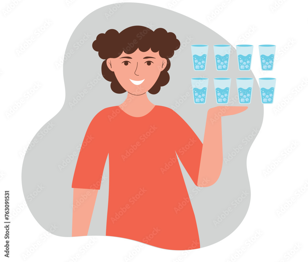 Woman observes the drinking regime. Young woman holding glasses of water.