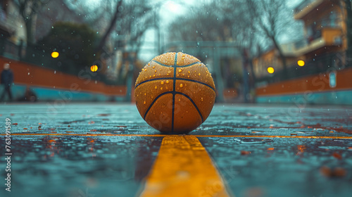 Ball at basketball court on sunny day. photo