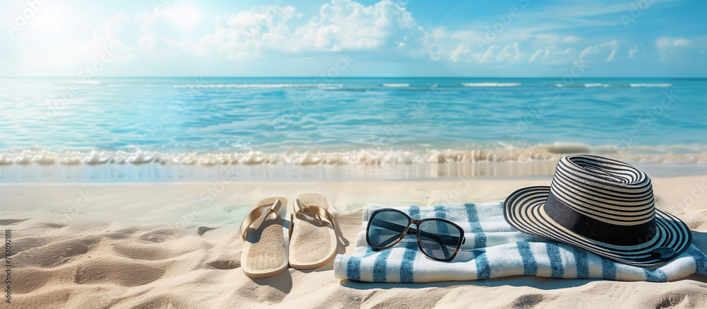 A beach towel with a hat, flip flops and sunglasses in the foreground of a beautiful summer view with sand, sea and sky. Summer and vacation concept, for banner, web or advertisement. - obrazy, fototapety, plakaty 