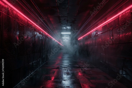 Dark underground passage with escalator and neon light, advertising light box, mocap, tunnel with light beams.