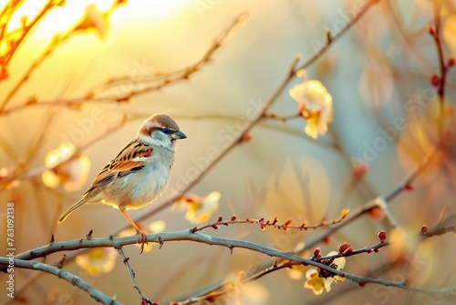 Depth of field, little sparrow standing on a branch, simple background, photo © Jasmeen