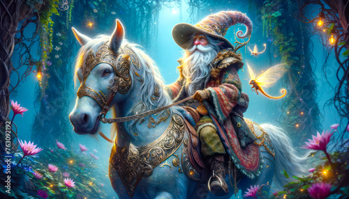 gnome and horse  riding in a fantasy world