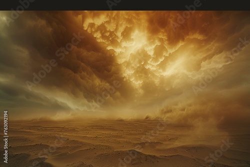 Desert landscape, sandstorm, sand march, dramatic cloudy sky, unreal world, apocalypse