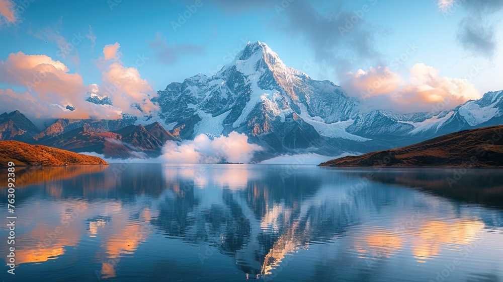 Majestic mountain reflected in a serene lake at sunrise with clouds and clear blue sky.