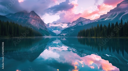 Serene mountain lake at sunset with vibrant sky reflections