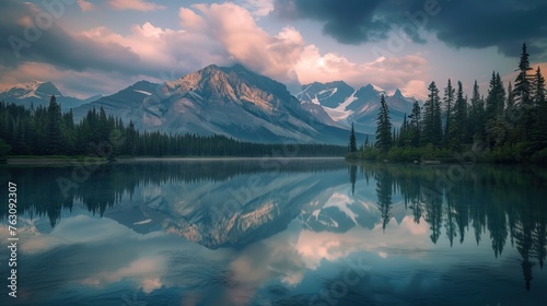 Serene mountain landscape with reflection in calm lake waters at dusk.