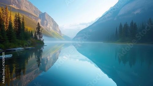 Tranquil mountain lake with reflections of steep cliffs and forest in calm water at dawn.