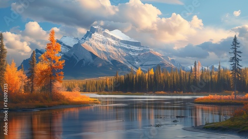 Autumn landscape with vibrant foliage, serene river, and majestic mountain backdrop during golden hour.