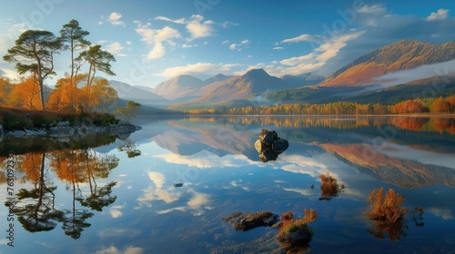 Tranquil lake with mirror reflections of mountains, trees, and clouds during sunrise.