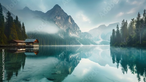Serene lake with a reflection of mountains and a cabin during a misty morning.
