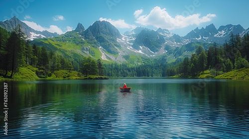 Serene alpine lake with a person kayaking, surrounded by lush forests and majestic mountain peaks under a clear blue sky.
