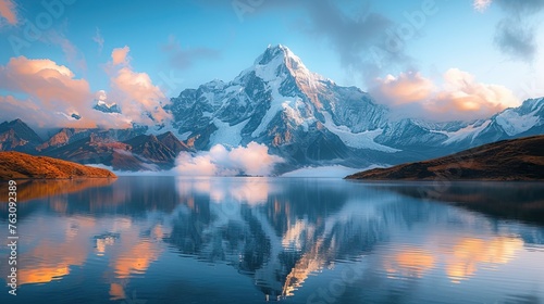 Majestic mountain reflected in a serene lake at sunrise with clouds and clear blue sky.