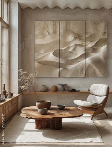 Warm neutral wabi-sabi style interior mockup with low sofa, jute rug, ceramic jug, side table and dried grass decoration on empty concrete wall background.	
