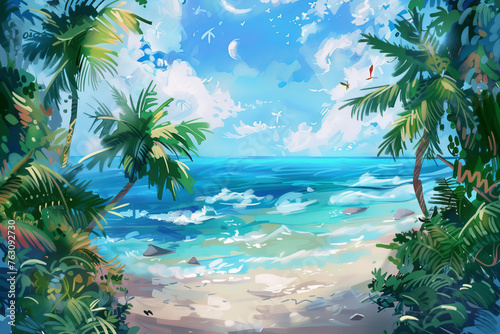  graphic illustration of a paradise tropical island with copy space. summer getaway design.