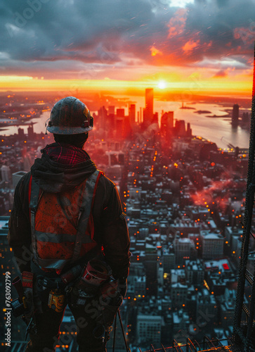 Construction worker looking at the city at sunset